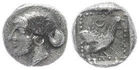 Lesbos, Methymna. AR Hemiobol, 0.28 g 6.57 mm. Circa 500/480-460 BC.
Obv: Female head left, with hair bound in sakkos.
Rev: Cock standing right; cresc...