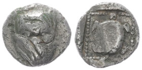 Lesbos, Methymna. AR Obol, 0.33 g 7.34 mm. Circa 450/40-406/379 BC. 
Obv: Facing head of Silenos.
Rev: Tortoise within pelleted square border within i...