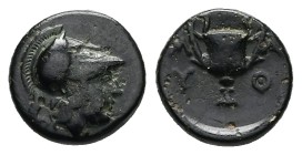 Lesbos, Methymna. AE, 1.80 g 11.18 mm. Circa 350/30-250/40 BC.
Obv: Helmeted head of Athena right.
Rev: M - A / Y - Θ. Kantharos.
Ref: SNG von Aulo...