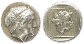 Lesbos, Mytilene. EL Hekte, 2.54 g 11.13 mm. Circa 377-326 BC.
Obv: Young male head right, wearing taenia with frontal horn
Rev: Female head right, ...