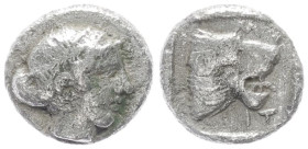Lesbos, Mytilene. AR Obol, 0.45 g 7.41 mm. Circa 440-400 BC.
Obv: Female head right.
Rev: [MVTI], Head of roaring lion right in incuse square.
Ref: BM...