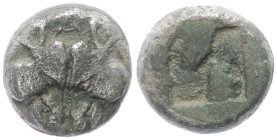 Lesbos, Uncertain. Billon Diobol, 1.24 g 9.18 mm. Circa 500-450 BC.
Obv: A, Confronted boars' heads.
Rev: Quadripartite incuse square.
Ref: Klein KM 3...
