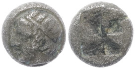 Lesbos, Uncertain mint. Billon Diobol. 1.26 g. 9.35 mm. Circa 440-400 BC. 
Obv: Head of Apollo left, wearing tainia. 
Rev: Quadripartite incuse square...