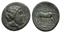 Troas, Alexandreia. AE, 2.60 g 16.14 mm. 3rd century BC.
Obv: Laureate head of Apollo right.
Rev: ΑΛΕΞΑΝ,Horse grazing left; monogram below, thunder...