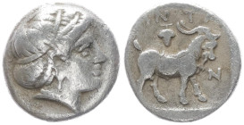 Troas, Antandros. AR Diobol or Trihemiobol, 1.29 g 11.52 mm.Late 5th century BC.
Obv: Head of Artemis Astyrene right, wearing tainia.
Rev: ANTA N, Goa...