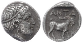 Troas, Antandros. AR Obol, 0.48 g 8.38 mm. Circa 360-350 BC.
Obv: Head of Artemis Astyrene right.
Rev: ANTA / N, Goat standing right within incuse s...
