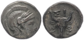 Troas, Assos. AR Tetrobol, 2.24 g 14.23 mm. 4th-3rd centuries BC. 
Obv: Wreathed and helmeted head of Athena right.
Rev: AΣΣION,Facing boukranion.
Ref...