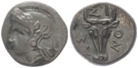 Troas, Assos. AR Tetrobol, 2.52 g 15.11 mm. 4th-3rd centuries BC. 
Obv: Wreathed and helmeted head of Athena left.
Rev: AΣΣION,Facing boukranion.
Ref:...