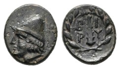 Troas, Birytis. AE, 1.33 g 12.13 mm. 4th-3rd centuries BC.
Obv: Head of Kabeiros left, wearing pilos.
Rev: BI PY, Club within wreath.
Ref: SNG Münc...