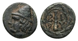 Troas, Birytis. AE, 1.23 g 10.89 mm. 4th-3rd centuries BC.
Obv: Head of Kabeiros left, wearing pilos; star to left and right.
Rev: B I / P Y , in tw...