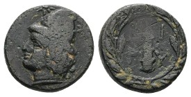 Troas, Birytis. AE, 5.34 g 17.16 mm. 4th-3rd centuries BC.
Obv: Head of Kabeiros left, wearing pilos; star to left and right.
Rev: B I / P Y , in tw...
