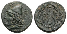 Troas, Birytis. AE, 5.56 g 18.35 mm. 4th-3rd centuries BC.
Obv: Head of Kabeiros left, wearing pilos; star to left and right.
Rev: B I / P Y , in tw...