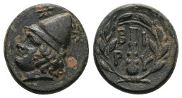 Troas, Birytis. AE, 5.80 g 18.60 mm. 4th-3rd centuries BC.
Obv: Head of Kabeiros left, wearing pilos; star to left and right.
Rev: B I / P Y , in tw...