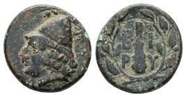Troas, Birytis. AE, 5.47 g 18.82 mm. 4th-3rd centuries BC.
Obv: Head of Kabeiros left, wearing pilos; star to left and right.
Rev: B - I / P - Y in ...