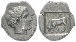 Troas, Gargara. AR Drachm, 2.78 g 15.10 mm. Circa 400-350 BC. 
Obv:Bare head of Apollo to right 
Rev: ΓAPΓ, bull butting to left, all within deep incu...