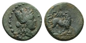 Troas, Gargara. AE, 2.66 g 13.81 mm. 2nd-1st centuries BC.
Obv: Turreted head of Tyche right.
Rev: ΓΑΡ, Lion standing right, head left.
Ref: SNG Co...