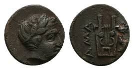Troas, Hamaxitos. AE, 1.30 g 10.69 mm. 4th century BC.
Obv: Laureate head of Apollo to right.
Rev: ΑΜΑ-ΞΙ, Lyre.
Ref: SNG Copenhagen 341.
Fine....