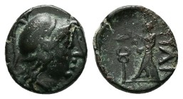 Troas, Ilion.AE, 2.15 g 13.10 mm. 281-228 BC.
Obv: Head Athena wearing Korinthian helmet right
Rev: Athena Ilias advancing left, holding distaff and...