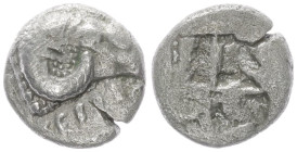 Troas, Kebren. AR Obol, 0.81 g 9.22 mm. 5th century BC.
Obv: [KEBREN], Head of ram right. 
Rev:Quadripartite incuse square. 
Ref:SNG Ashmolean 1081.
F...