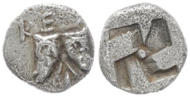 Troas, Kebren. AR Hemiobol, 0.45 g 7.88 mm. 5th century BC.
Obv: KE, Two ram’s heads downward; floral ornament between. 
Rev: Quadripartite incuse squ...