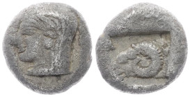 Troas, Kebren. AR Obol, 1.23 g 9.09 mm. 5th century BC.
Obv: Archaic head (Apollo?) left. 
Rev: Head of ram left within incuse square.
Ref: Cf. SNG As...