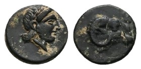 Troas, Kebren. AE, 1.01 g 9.57 mm, Circa 387-310 BC.
Obv: Laureate head of Apollo right.
Rev: Head of ram right.
Ref: SNG Arikantürk 412.
Fine/VF
