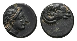 Troas, Kebren. AE, 1.03 g 9.42 mm, Circa 387-310 BC.
Obv: Laureate head of Apollo right.
Rev: Head of ram right.
Ref: SNG Arikantürk 412.
Fine/VF