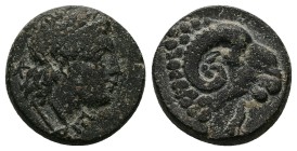 Troas, Kebren. AE, 8.04 g 18.89 mm. Circa 400-387 BC.
Obv: K – E, Laureate head of Apollo right, kerykeion below.
Rev: Head of ram right; below, sea...