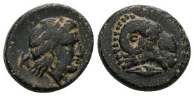 Troas, Kebren. AE, 8.06 g 20.93 mm. Circa 400-387 BC.
Obv: K – E, Laureate head of Apollo right.
Rev: Head of ram right; below, grain ear right.
Re...