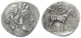 Troas, Neandria. AR Hemiobol, 0.47 g 8.59 mm. 4th century BC. 
Obv: Laureate head of Apollo right.
Rev: NEA N, Ram standing right within incuse square...