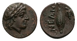 Troas, Neandria AE, 1.42 g 11.66 mm. Circa 400-300 BC.
Obv: Laureate head of Apollo to right
Rev: NEAN, corn grain, bunch of grapes to right.
BMC 4...