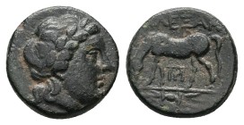 Troas, Alexandria. AE, 2.74 g 13.40 mm. 3rd-2nd century BC.
Obv: Laureate head of Apollo to right
Rev: ΑΛΕΞΑΝ, Horse grazing to left; monogram below...