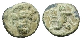 Troas, Ophrynion. AE, 1.06 g 12.30 mm. 4th century BC.
Obv: Helmeted head of Hektor facing slightly right.
Rev: OΦPY, Infant Dionysos kneeling right...