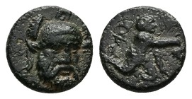 Troas, Ophrynion. AE, 1.40 g 11.02 mm. 4th century BC.
Obv: Helmeted head of Hektor facing slightly right.
Rev: [OΦPY], Infant Dionysos kneeling rig...