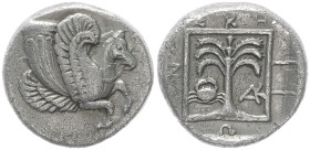 Troas, Skepsis. AR Drachm, 3.53 g 15.56 mm. 4th century BC.
Obv: Rhyton in the form of forepart of Pegasos right.
Rev: [ΣΚΗΨΙΩΝ], Palm tree; crab an...