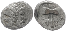 Troas, Tenedos. AR Drachm, 3.15 g 16.04 mm. Circa 450-387 BC.
Obv: Janiform head of Zeus, laureate and bearded, to right, and Hera, diademed, to left....