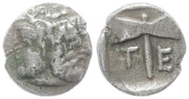Troas, Tenedos. AR Hemidrachm or Diobol, 1.20 g 8.06 mm. Circa 450-387 BC.
Obv: Janiform female and male heads.
Rev: T – E, Labrys.
Ref: SNG von Auloc...
