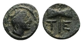 Troas, Tenedos, AE, 0.63 g 9.63 mm. Late 5th-early 4th century BC.
Obv: Bust of Artemis to right, wearing stephane
Rev: Labrys; T-E across lower fie...