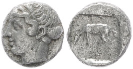 Aeolis, Myrina. AR Diobol, 1.17 g 10.69 mm. 4th century BC. 
Obv: Head of nymph left, hair in sakkos 
Rev: [MYPI-NAΩN], Stag grazing left; within incu...
