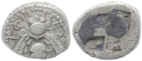 Ionia, Ephesos. AR Drachm, 3.13 g 14.36 mm. Circa 500-420 BC.
Obv: EΦ-EΣI[ON], bee with curved wings 
Rev:Quadripartite incuse square. 
Ref: SNG Kayha...