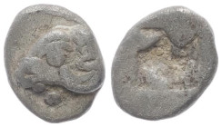 Ionia, Klazomenai. AR Hemiobol, 0.25 g 6.95 mm. 5th century BC.
Obv: Head of ram left.
Rev: Incuse square with irregular pattern.
SNG Ashmolean 1076 v...
