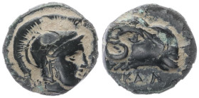 Ionia, Klazomenai. AE, 1.02 g 10.43 mm. Circa 386-301 BC.
Obv: Head of Athena right, wearing Attic helmet.
Rev: KΛA, Head of ram right.
Ref: SNG Co...