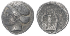 Ionia, Kolophon. AR Diobol. 0.99 g. 11.10 mm. Circa 375-360 BC. Uncertain magistrate. 
Obv: Laureate head of Apollo to left 
Rev: Kithara.
Ref: SNG Ka...
