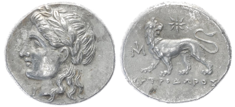 Ionia, Miletos. AR Drachm, 3.46 g 15.85 mm. Circa 340-325 BC. Metrodoros, magist...