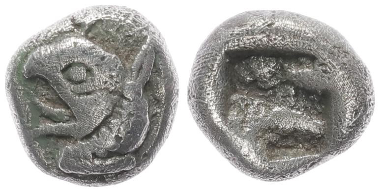 Ionia, Phokaia. AR Obol, 0.77 g 7.76 mm. Circa 521-478 BC. 
Obv: Head of griffin...