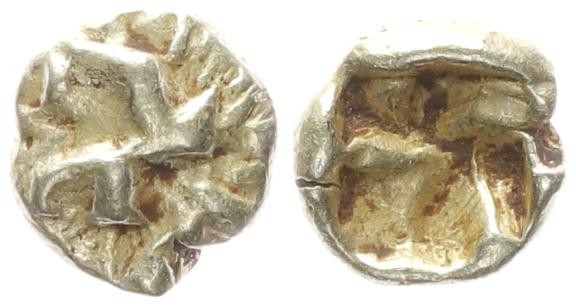 Ionia, Uncertain. EL 1/48 Stater, 0.35 g 6.16 mm. Circa 625-600 BC. 
Obv: Raised...