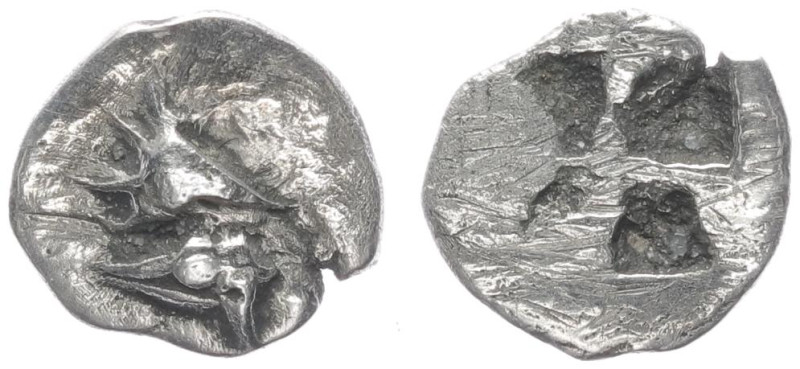 Mysia, Kyzikos. AR Hemiobol, 0.41 g 8.85 mm. Circa 550-480 BC.
Obv: Head of tun...