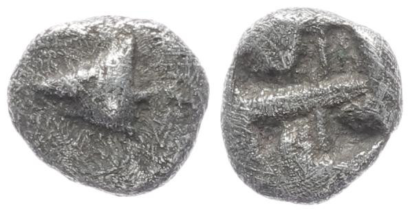 Mysia,Kyzikos. AR Hemiobol, 0.20 g 5.85 mm. 520-480 BC.
Obv: Head of tunny fish ...