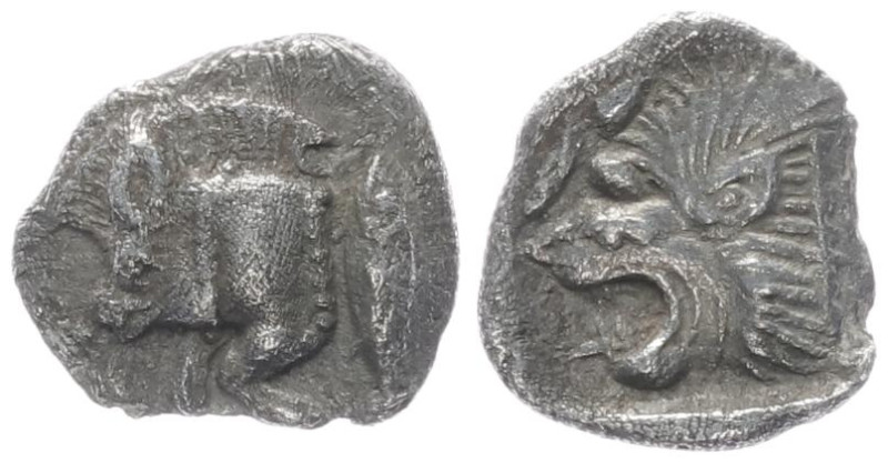 Mysia, Kyzikos. AR Hemiobol, 0.33 g 8.26 mm. Circa 450-400 BC. 
Obv: Forepart of...