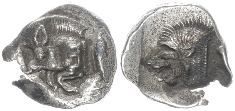 Mysia, Kyzikos. AR Obol. 0.86 g 11.94 mm. Circa 450-400 BC. 
Obv: Forepart of bo...